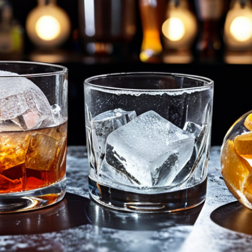Home 11 ** A close-up shot of various types of cocktail ice (cubed, crushed, spherical) arranged artistically. Emphasize the clarity and textures of the ice. In the background, subtly hint at a sophisticated bar setting.
**