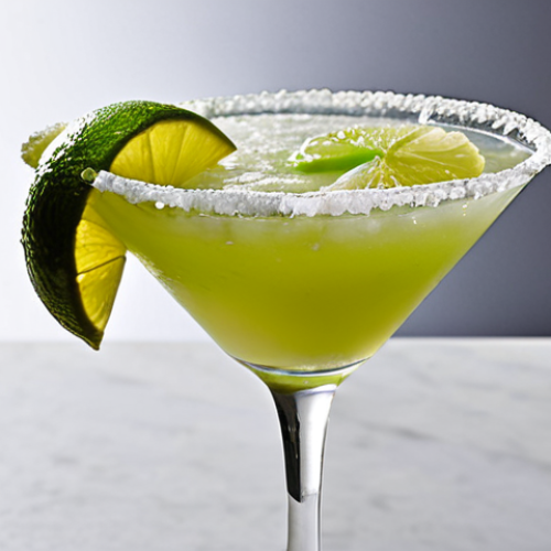 Home 6 **Margarita Cocktail:** A close-up shot of a classic Margarita cocktail. The glass rim is coated with salt. The drink is vibrant and refreshing. Focus on the textures of the salt, the condensation on the glass, and the lime wedge garnish. Capture the essence of a perfect, tangy cocktail.