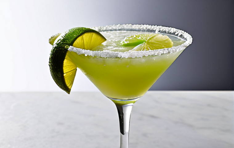 **Margarita Cocktail:** A close-up shot of a classic Margarita cocktail. The glass rim is coated with salt. The drink is vibrant and refreshing. Focus on the textures of the salt, the condensation on the glass, and the lime wedge garnish. Capture the essence of a perfect, tangy cocktail.