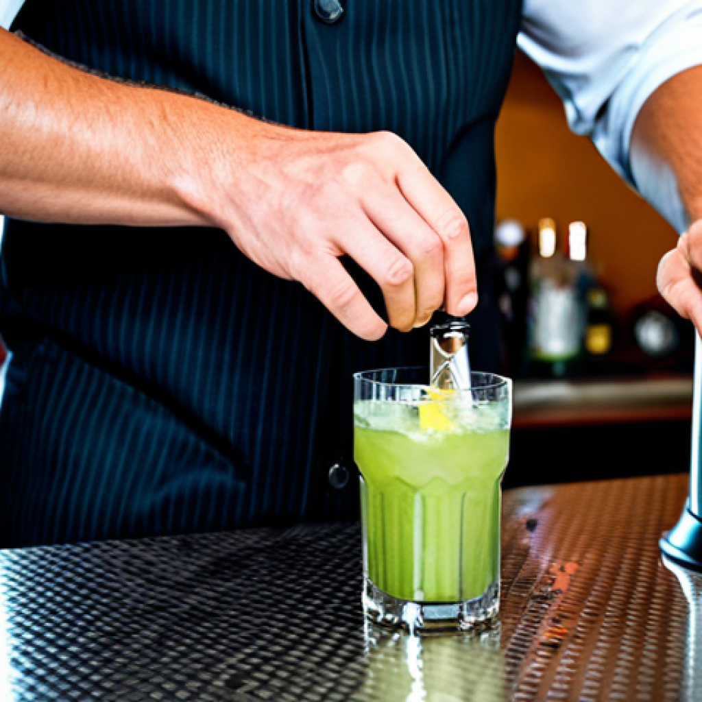 Professional Cocktail Preparation**

"A bartender, fully clothed in professional attire, carefully preparing an energy drink cocktail behind a well-lit bar. The bar is stocked with various bottles and cocktail equipment like a shaker, jigger, and strainer. Focus on the bartender’s hands as they mix ingredients. Appropriate content, safe for work, perfect anatomy, correct proportions, family-friendly, high-quality image, professional photography."

**
