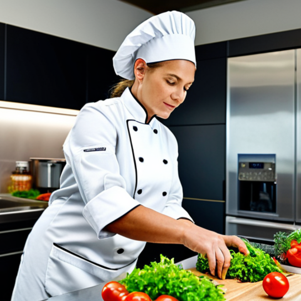 홈바텐더 체질에 맞는 술 - ** A professional female chef in a modern, stainless steel kitchen, fully clothed in chef's attire, ...