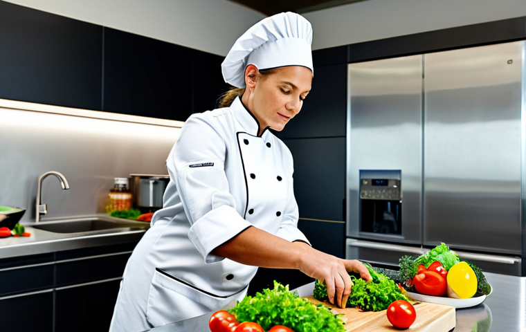 홈바텐더 체질에 맞는 술 - ** A professional female chef in a modern, stainless steel kitchen, fully clothed in chef's attire, ...
