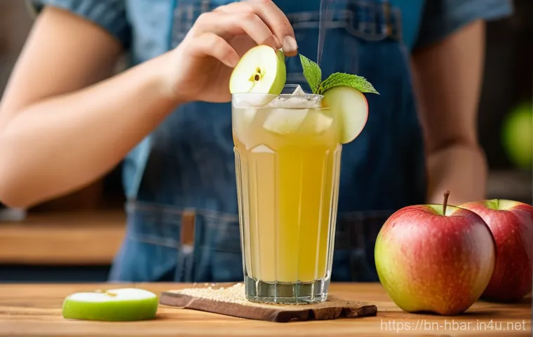 홈바텐더 숙취 없는 칵테일 - **Prompt:** A vibrant and refreshing close-up of a "Fresh Fuji Kick Mocktail" being prepared on a ru...