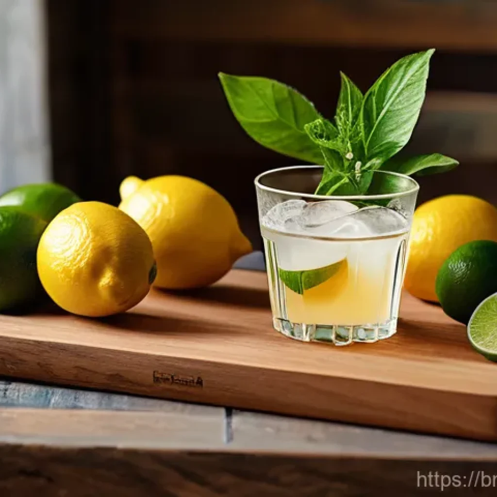 홈바텐더 유기농 칵테일 - A cozy and inviting home bar setup on a rustic wooden shelf, bathed in warm natural light. On the sh...