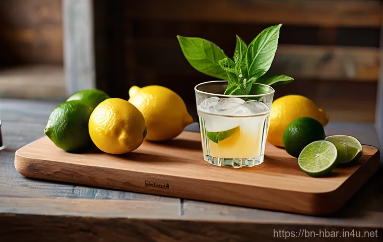 홈바텐더 유기농 칵테일 - A cozy and inviting home bar setup on a rustic wooden shelf, bathed in warm natural light. On the sh...