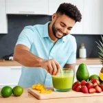 홈바텐더 스무디 칵테일 - A cheerful person, dressed in stylish casual wear, stands in a brightly lit, modern kitchen, activel...