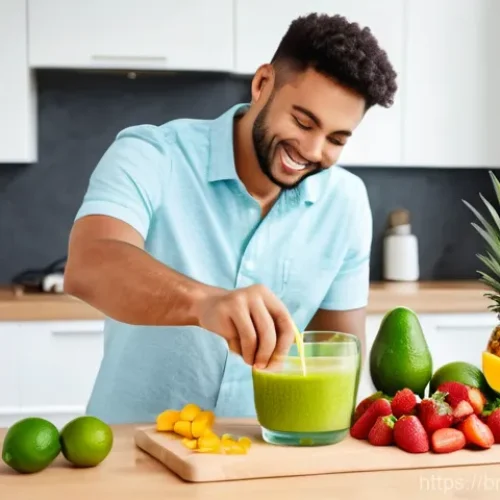 Home 21 홈바텐더 스무디 칵테일 - A cheerful person, dressed in stylish casual wear, stands in a brightly lit, modern kitchen, activel...