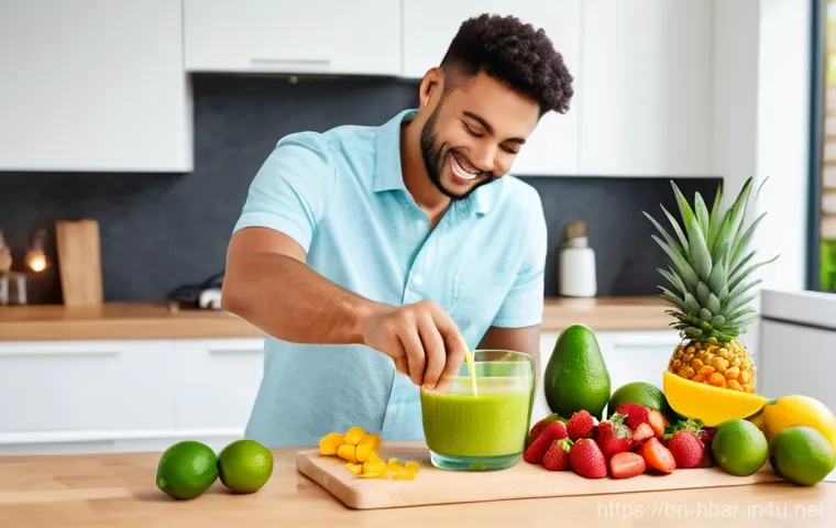 홈바텐더 스무디 칵테일 - A cheerful person, dressed in stylish casual wear, stands in a brightly lit, modern kitchen, activel...