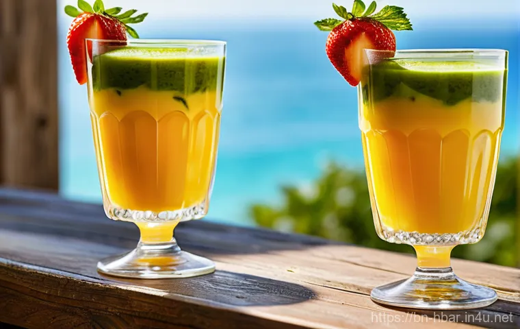 홈바텐더 스무디 칵테일 - A cheerful person, dressed in stylish casual wear, stands in a brightly lit, modern kitchen, activel...