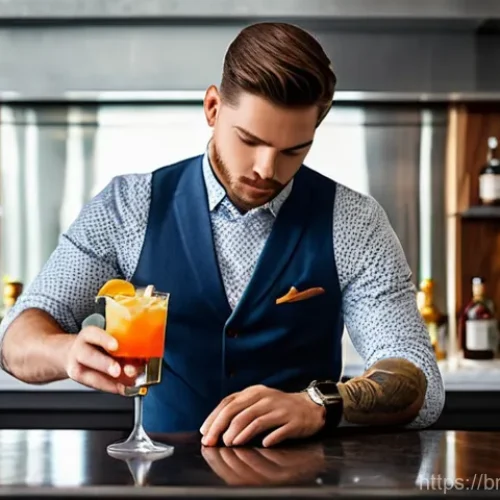 Home 20 홈바텐더 스카치 위스키 칵테일 - A tastefully composed image of a person, approximately 20-25 years old, in a clean and well-lit home...