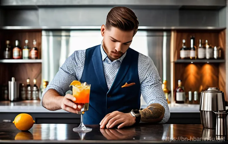 홈바텐더 스카치 위스키 칵테일 - A tastefully composed image of a person, approximately 20-25 years old, in a clean and well-lit home...